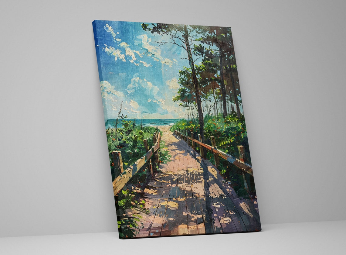 Wooden Boardwalk Path Through Pine Trees To The Ocean Beach Poster - Image 5