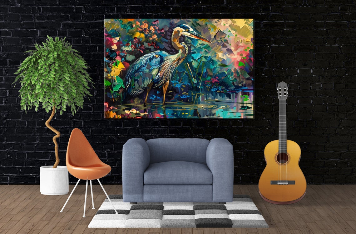 Colorful Blue Heron Vibrant Wetlands Oil Painting Impasto Art Poster - Image 3
