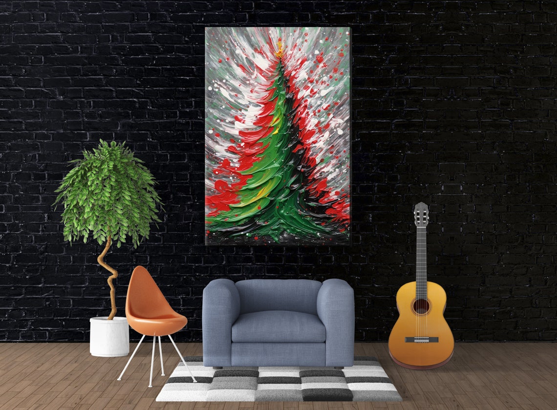 Abstract Christmas Tree Red Green White Swirl Palette Knife Art Print - Image 3