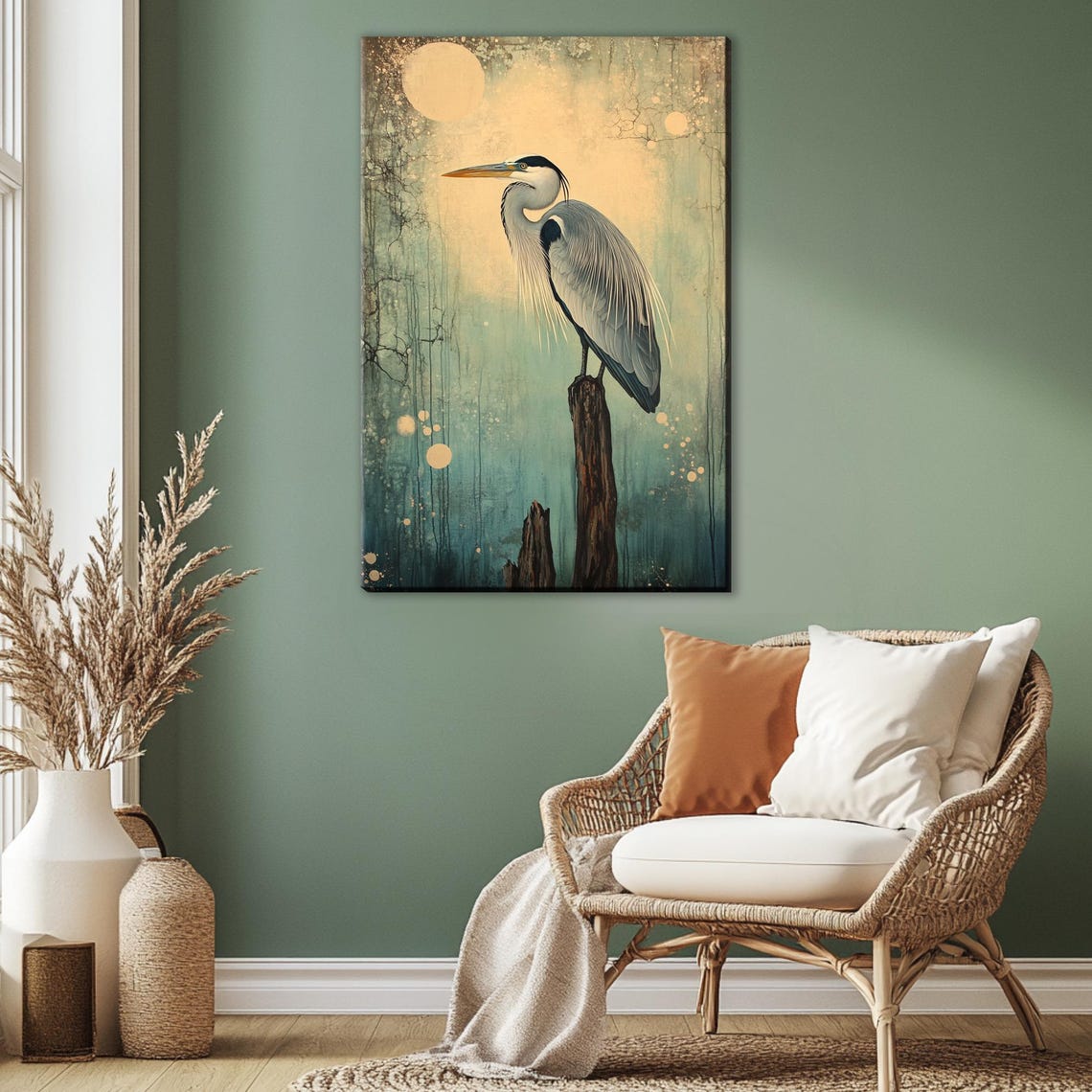 Great Blue Heron On Post Full Moon Vintage Muted Teal Bird Art Poster - Image 3