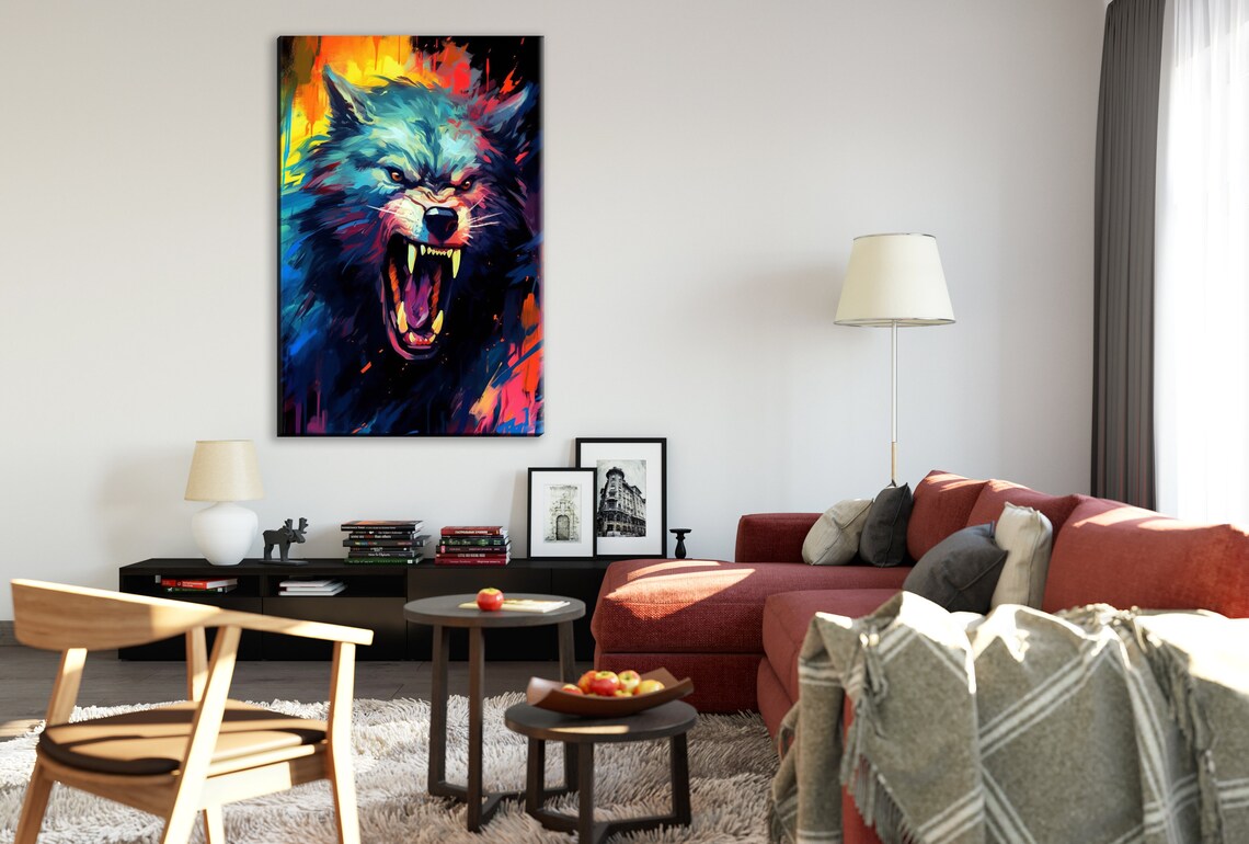 Fierce Blue Werewolf Snarling Fangs Fiery Orange Expressionist Art Print - Image 2