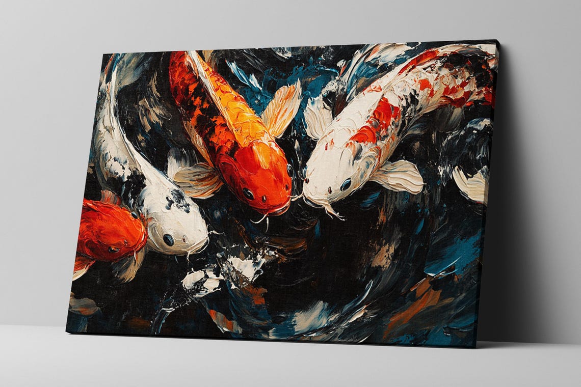 Three Koi Fish Swimming Print Zen Home Decor Framed Or Unframed Gallery Wrapped Gicle Ready To Hang Extra Large Wall Art - Image 2