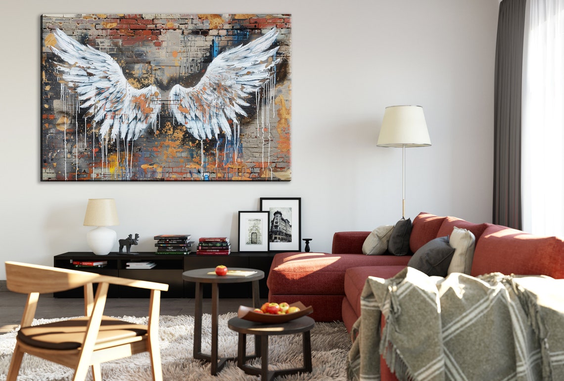 White Angel Wings Distressed Brick Wall Urban Street Art Poster - Image 2