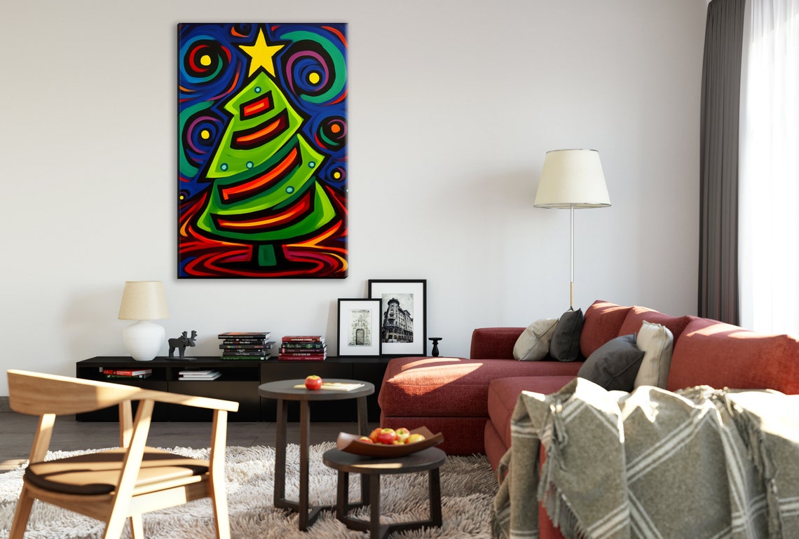Cubist Cartoon Christmas Tree Bold Stripes Yellow Star Wall Art Poster - Image 3