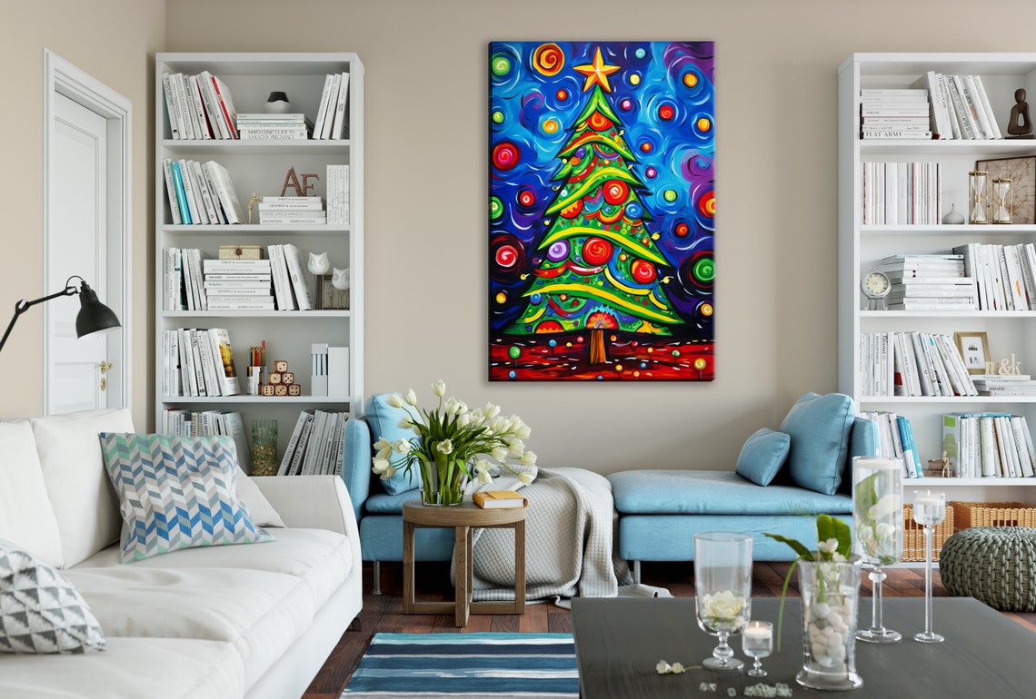 Chromatic Festive Christmas Tree Rainbow Swirl Starry Night Art Poster - Image 2