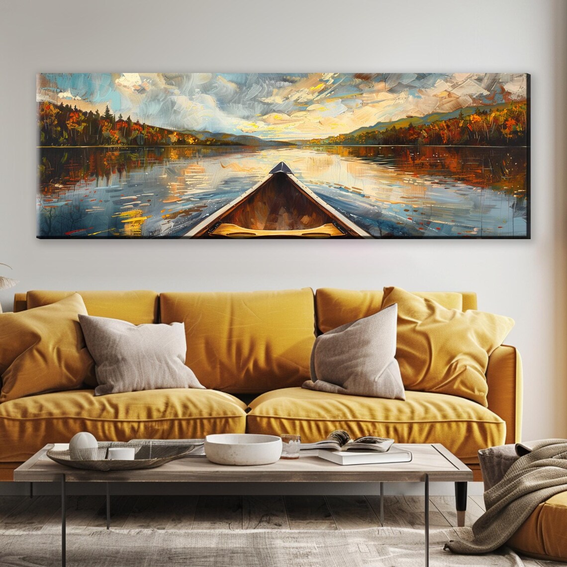 Canoe on River, Lakehouse Landscape Art Print - Image 5