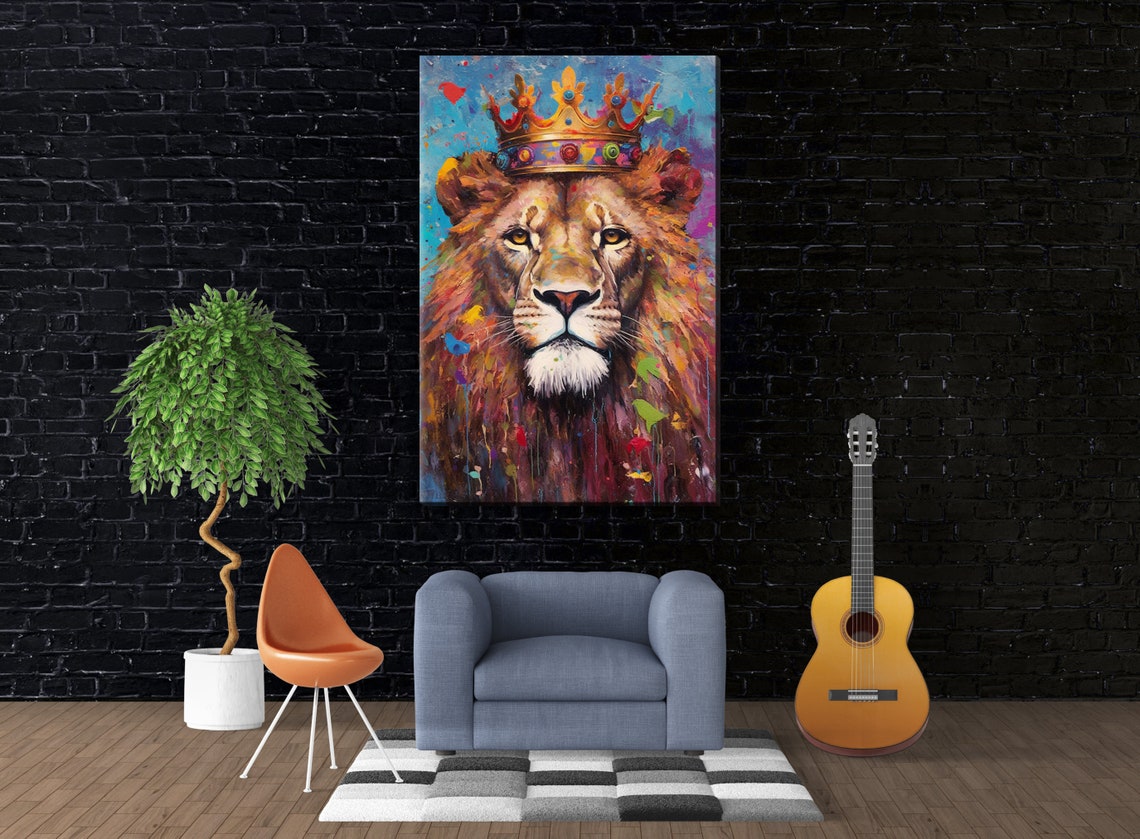 Golden Crown Lion Portrait Colorful Paint Drip Majesty Poster - Image 4