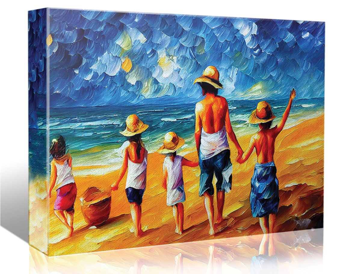 Family Walking Beach Golden Ocean Waves Colorful Impasto Art Poster - Image 5