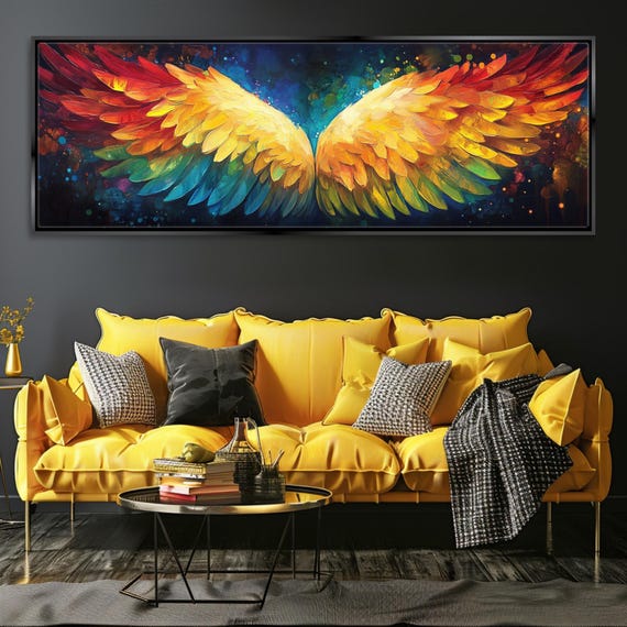 Vibrant Angel Wings Panoramic Print Framed Or Unframed Long Horizontal Gallery Wrapped Gicle Ready To Hang Extra Large Wall Art