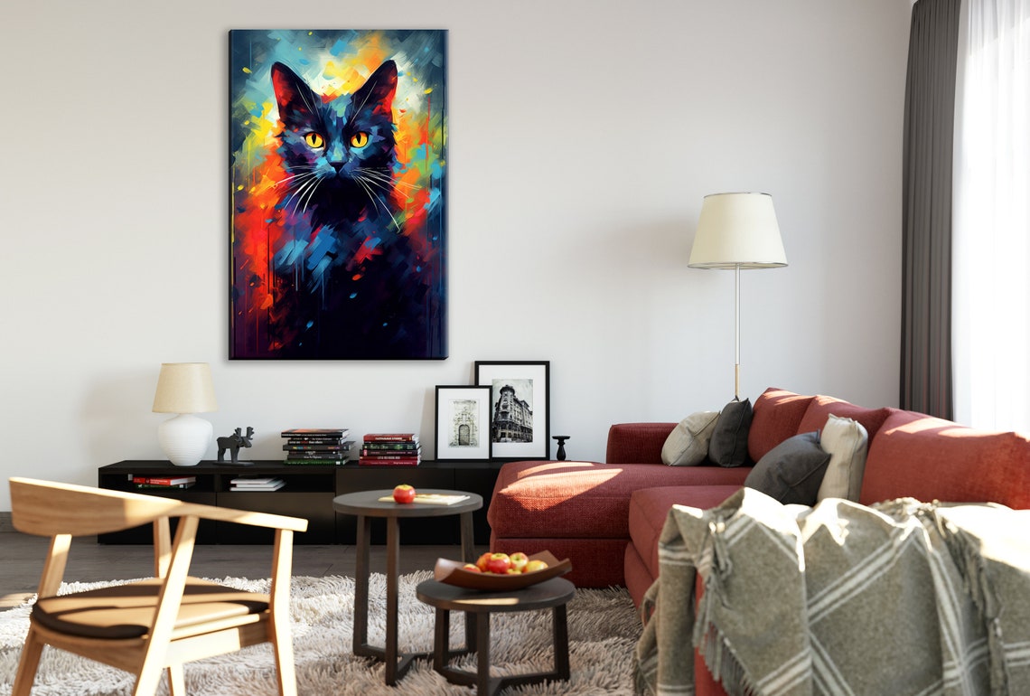 Black Cat Portrait Golden Eyes Fiery Background Mystical Poster - Image 2