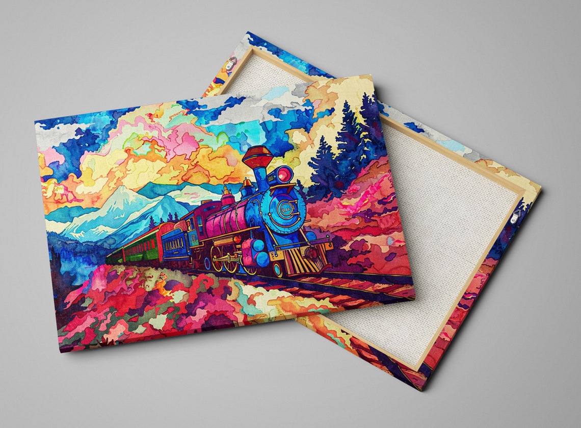 Watercolor Steam Train Blue Pink Pastel Mountain Landscape Poster - Image 4