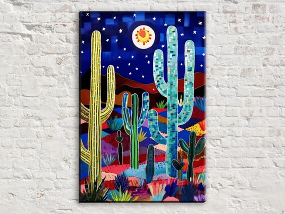Starry Desert Night Moon Mosaic Cactus Colorful Southwest Poster
