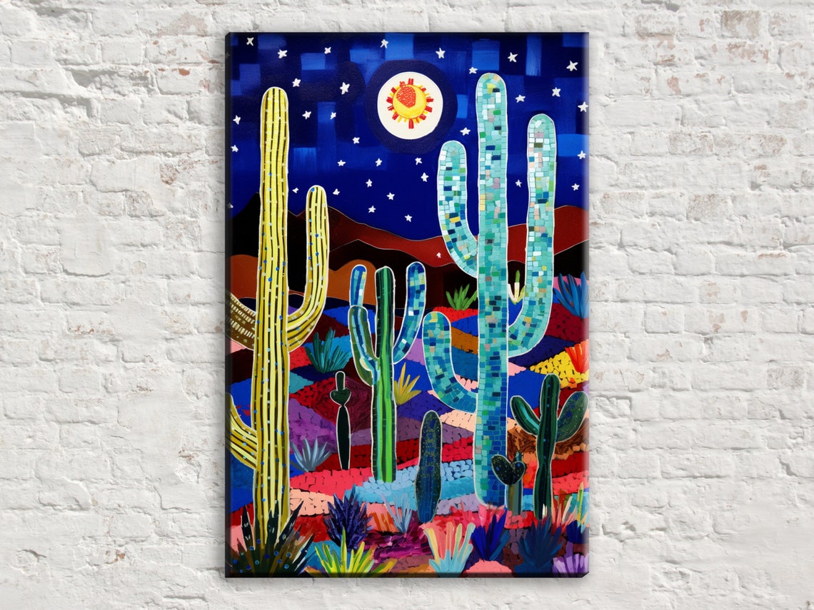 Starry Desert Night Moon Mosaic Cactus Colorful Southwest Poster