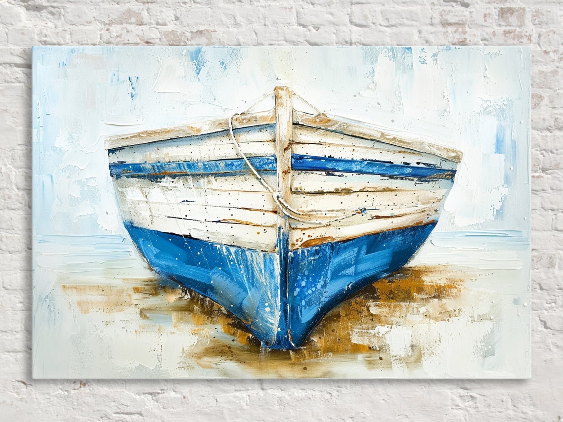 Rustic Blue White Wooden Rowboat Bow Weathered Coastal Nautical Poster