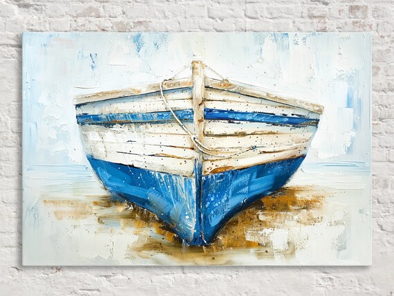 Rustic Blue White Wooden Rowboat Bow Weathered Coastal Nautical Poster