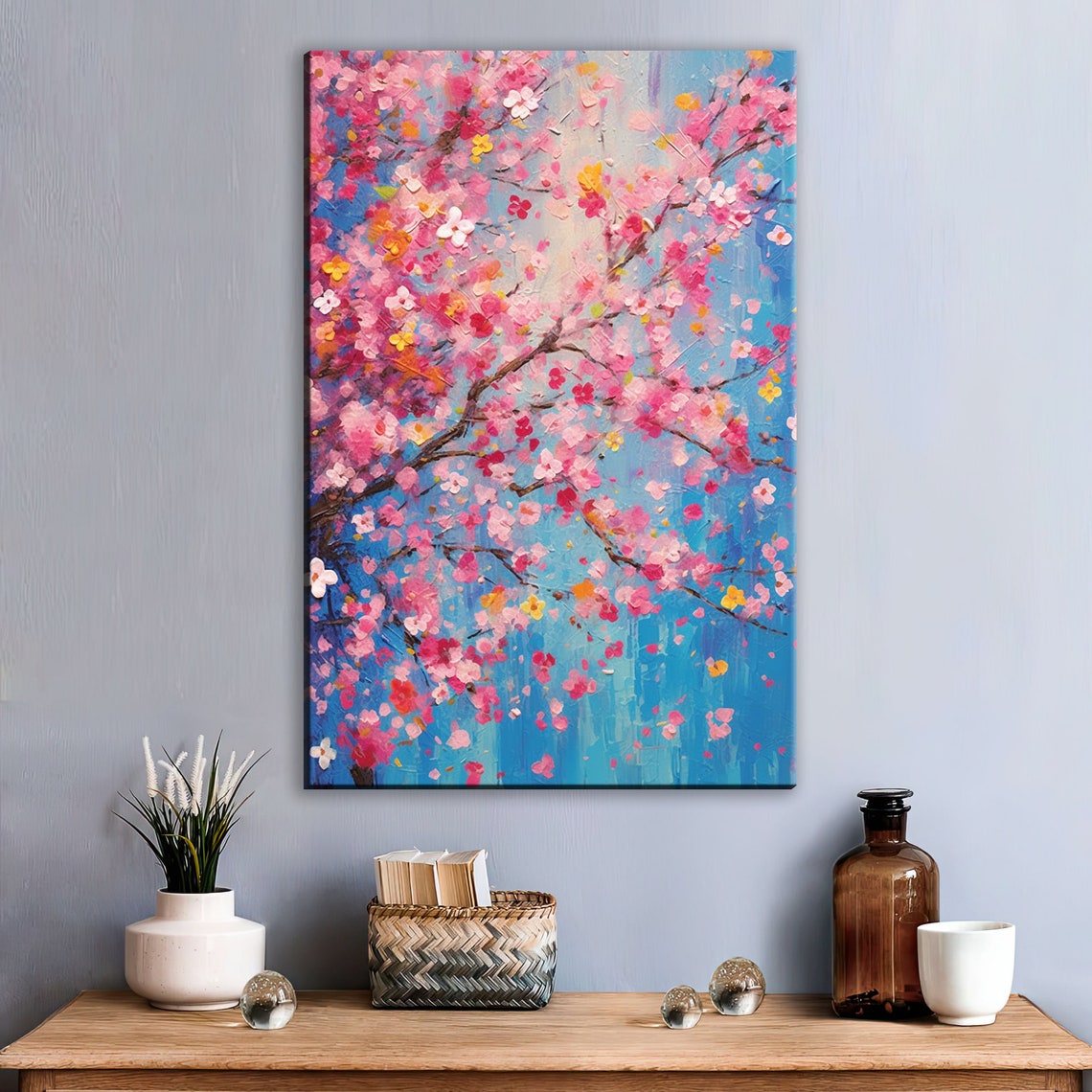 Pink Cherry Blossom Branches Blue Sky Impasto Spring Floral Poster - Image 3