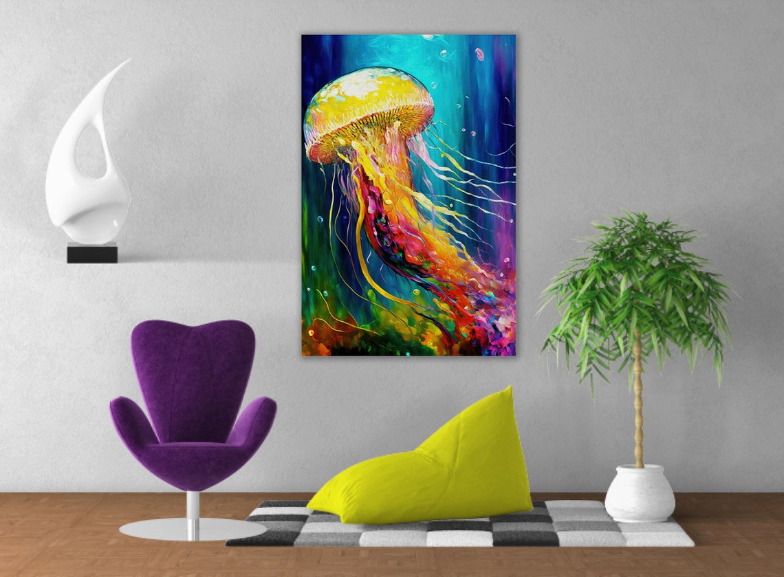 Colorful Jellyfish Glowing Tentacles Teal Ocean Dreamy Art Poster - Image 3