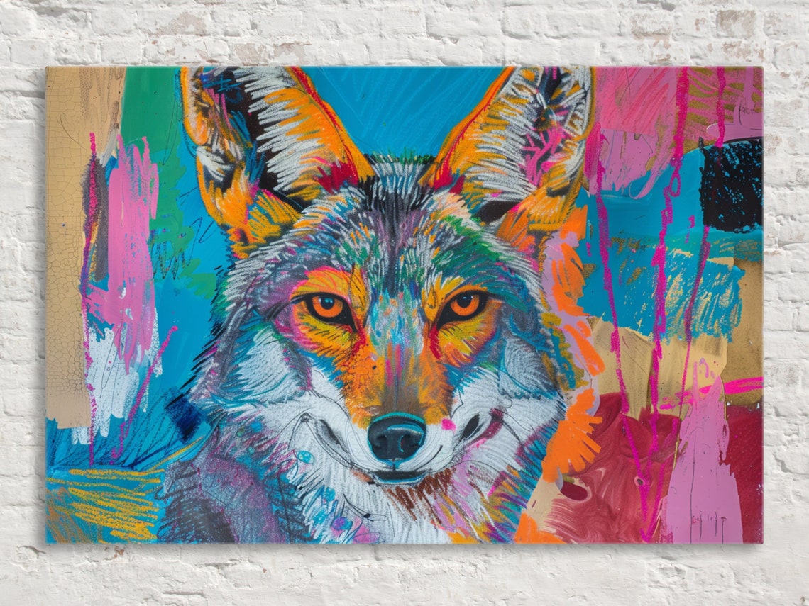 Neon Pop Art Coyote Face Hot Pink Blue Graffiti Style Wildlife Poster