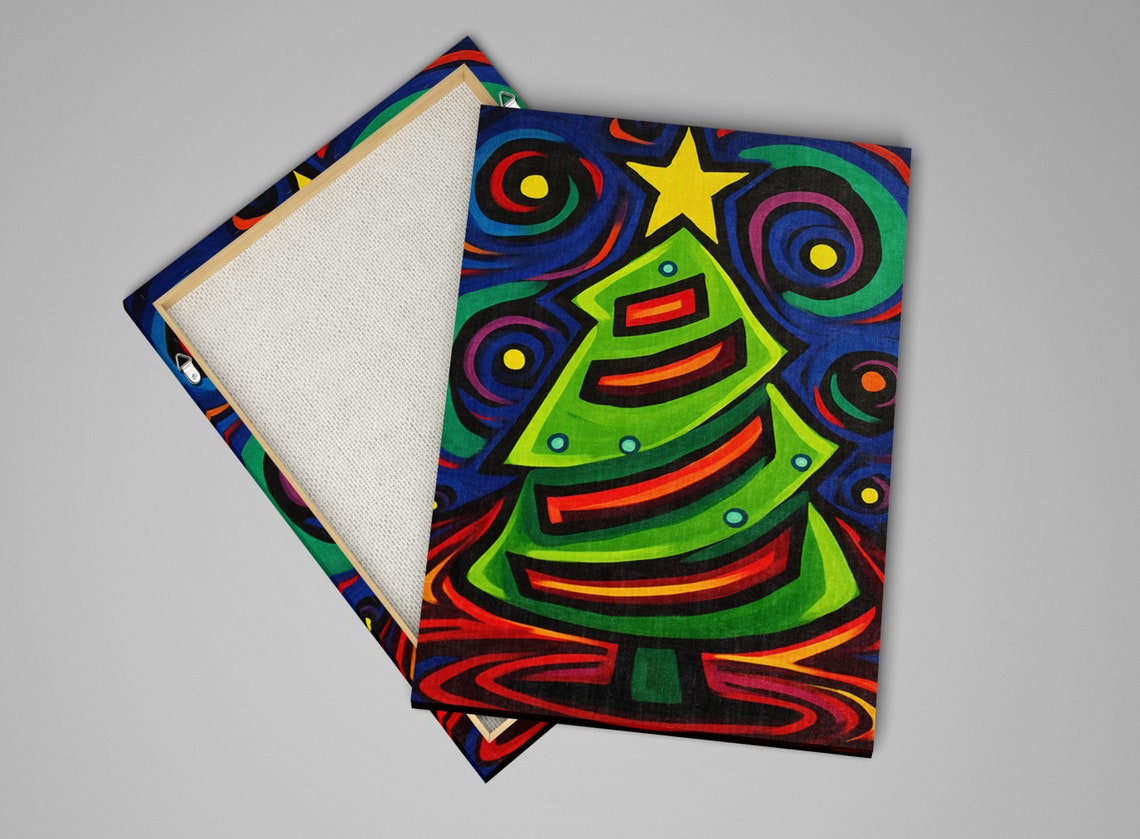 Cubist Cartoon Christmas Tree Bold Stripes Yellow Star Wall Art Poster - Image 5