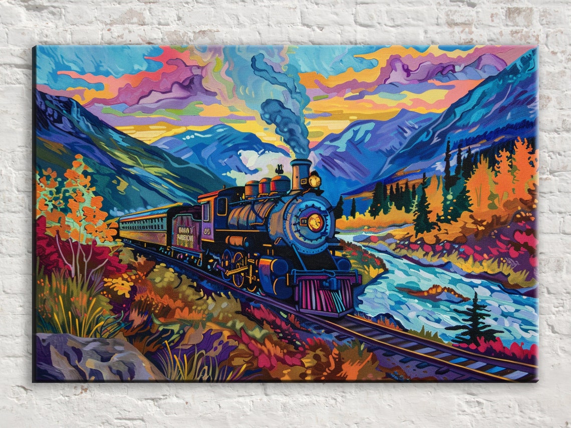 Steam Train River Canyon Autumn Sunset Pop Art Locomotive Poster
