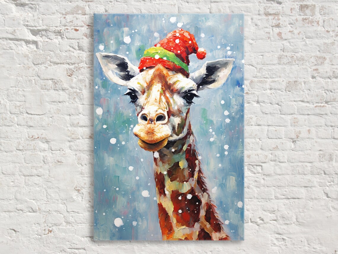 Whimsical Giraffe In Santa Hat Snowy Winter Fun Animal Art Wall Poster
