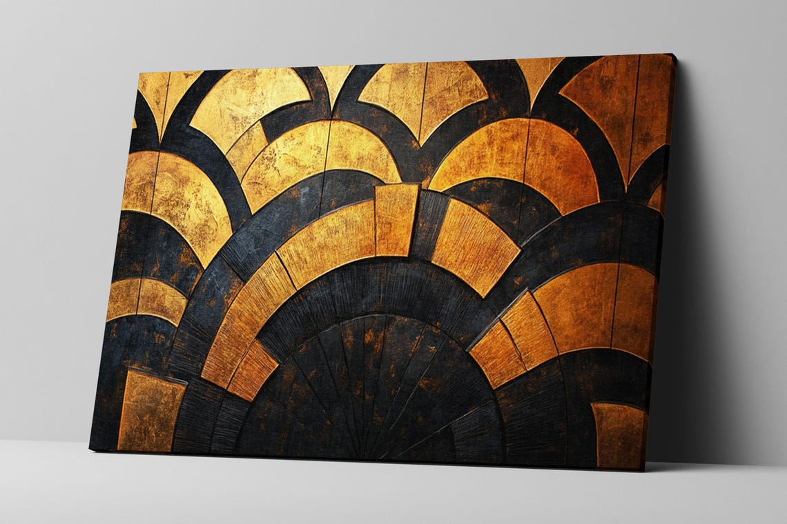 Gold And Black Art Deco Scallop Fan Pattern Luxe Modern Wall Poster - Image 2