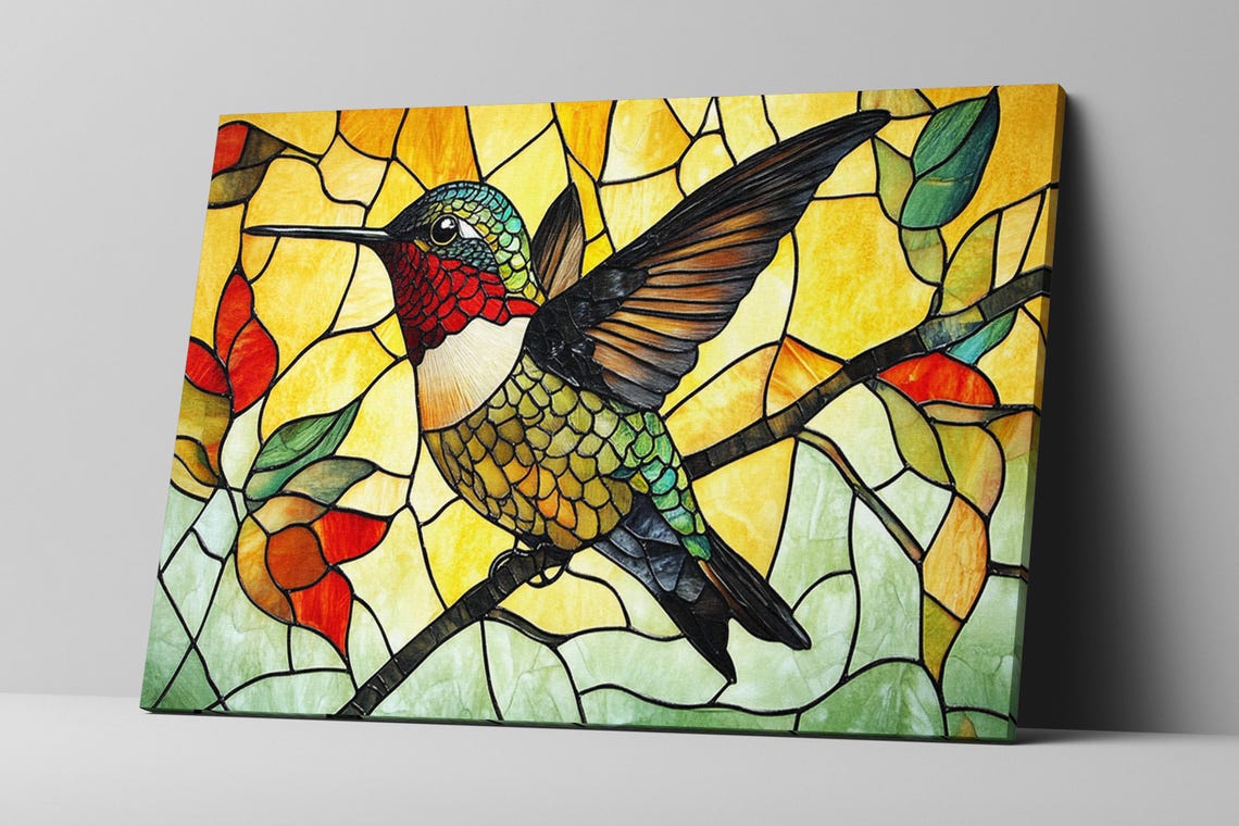 Stained Glass Style Hummingbird Perched On Branch Amber Light Art - Image 3