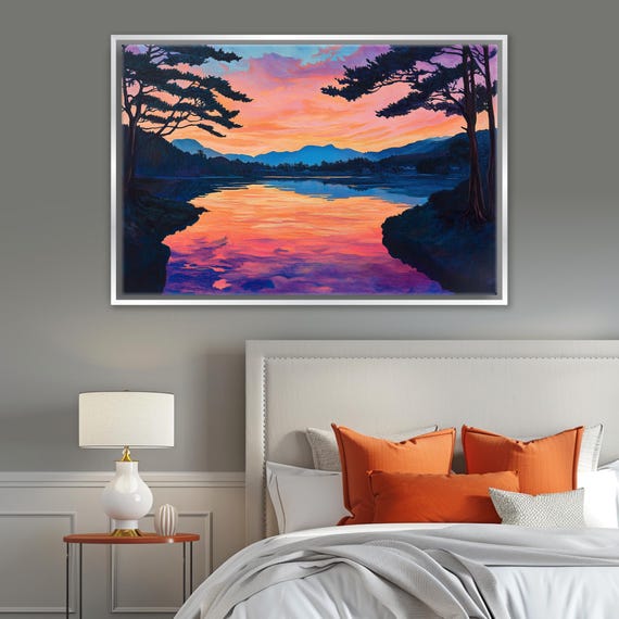 Japan Watercolor Art Lake Scene Print Framed Or Unframed Gallery Wrapped Gicle Ready To Hang Extra Large Wall Art