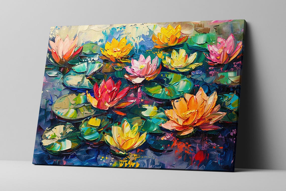 Vibrant Impasto Water Lilies Palette Knife Colorful Floral Art Poster - Image 3