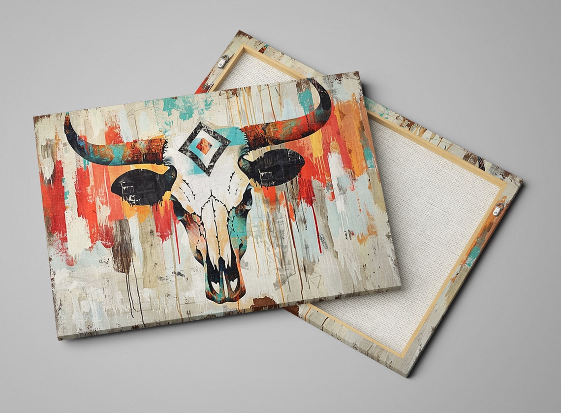 Western Longhorn Cow Skull Turquoise Orange Tribal Paint Drip Poster - Image 4