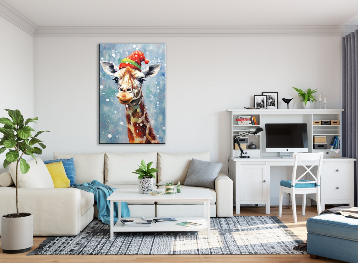 Whimsical Giraffe In Santa Hat Snowy Winter Fun Animal Art Wall Poster - Image 3