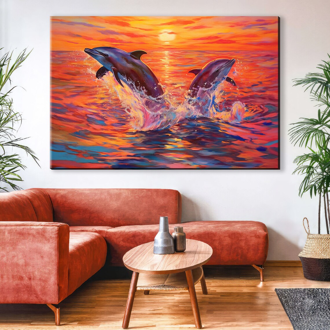 Twin Pair of Dolphins Leaping Fiery Orange Sunset Ocean Poster - Image 2