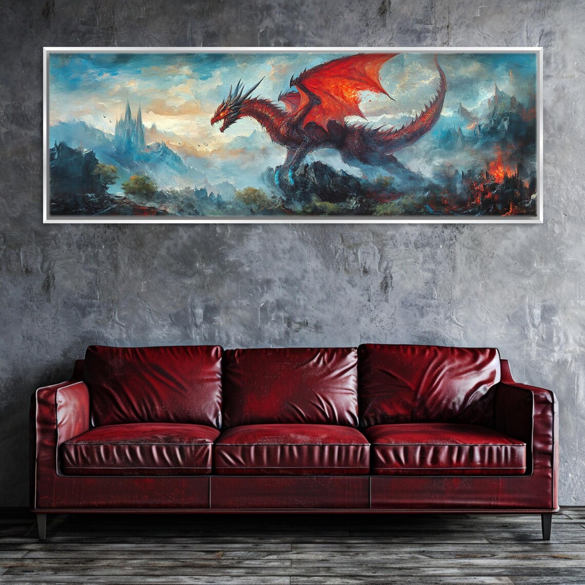 Dragon Gothic Panoramic Wall Art Framed Or Unframed Long Horizontal Gallery Wrapped Gicle Ready To Hang Extra Large Wall Art