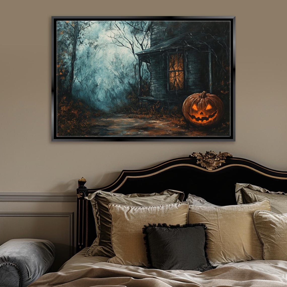 Haunted Halloween House Jack O Lantern Misty Night Spooky Wall Art - Image 5