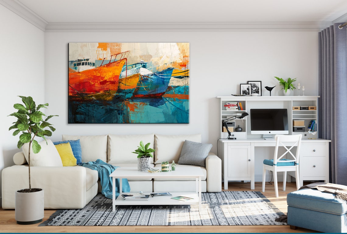 Abstract Colorful Harbor Boats Docked Orange Blue Hulls Wall Art - Image 2