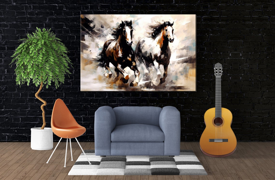 Dynamic Duo Galloping Horses Brown White Equestrian Art Poster - Image 2