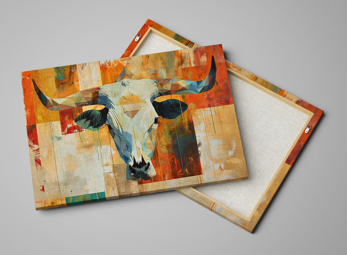 Faceted Longhorn Cow Skull Geometric Orange Sunset Western Art Poster - Image 3