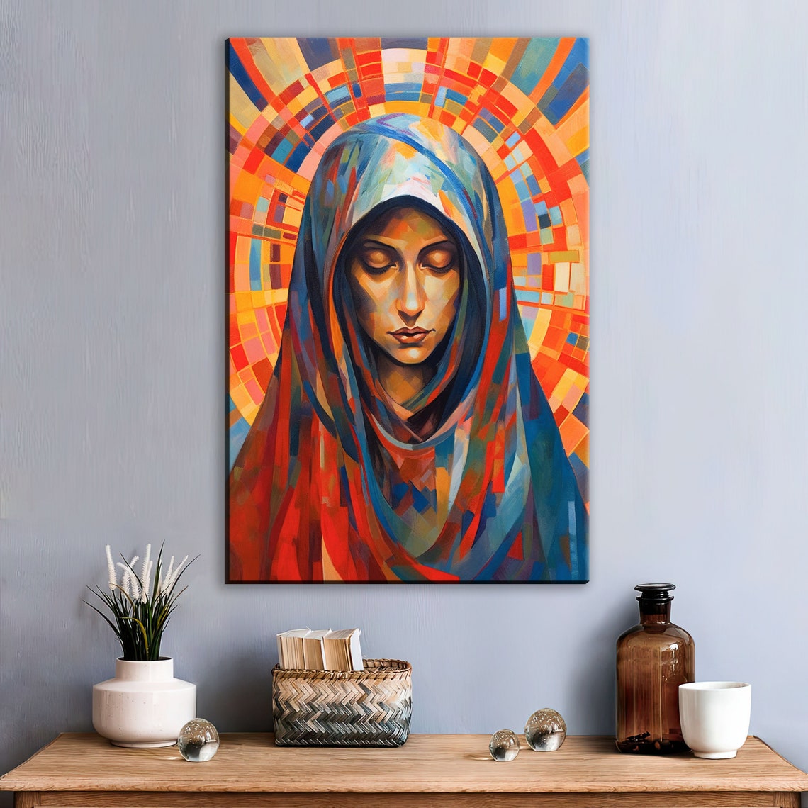 Virgin Mary Stained Glass Style Portrait Halo Religious Wall Art Print - Image 2