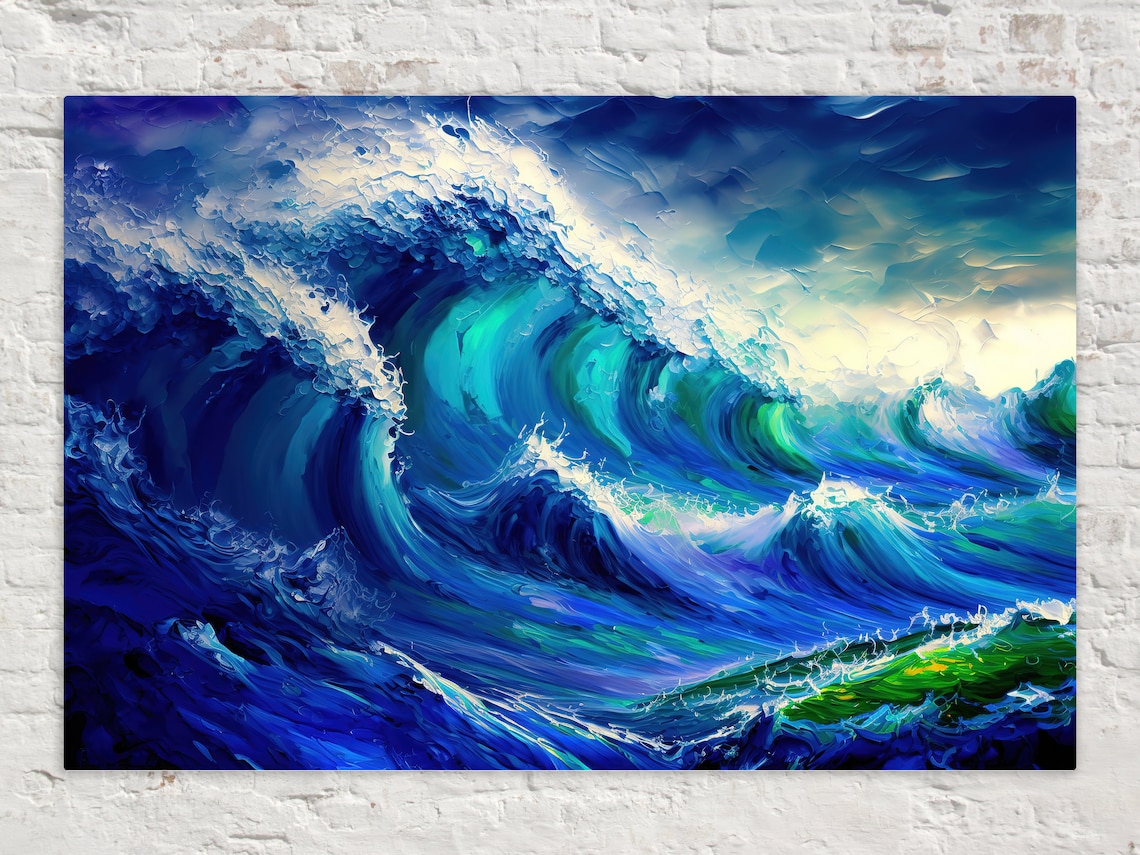 Blue Ocean Wave Surf Painting, Nautical Art Print