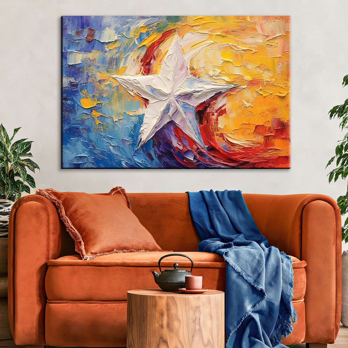 Abstract Texas Lone Star Flag Palette Knife Blue Gold Red Wall Art - Image 2