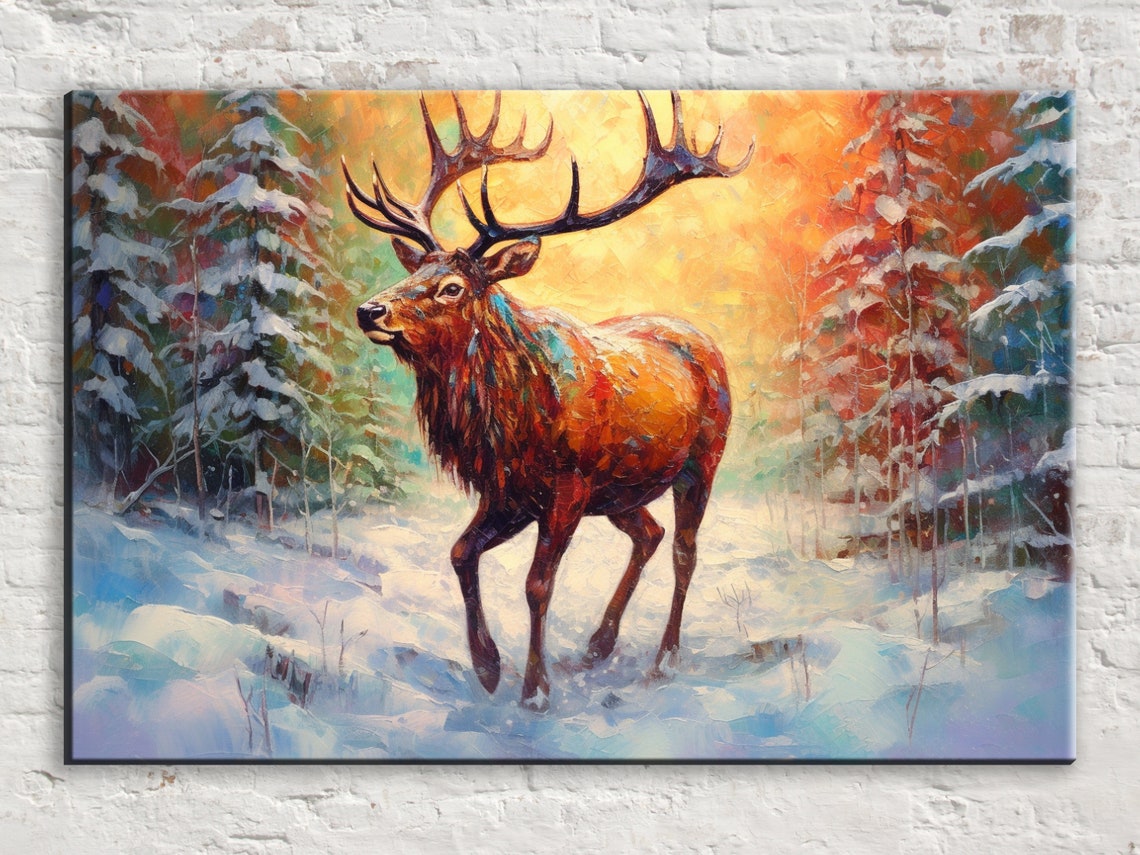 Majestic Elk Snowy Forest Golden Sunset Big Antlers Winter Art Print
