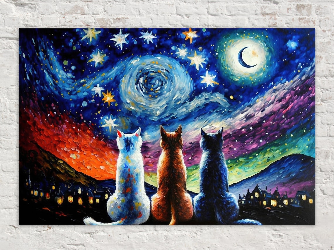 Starry Night Cats, Van Gogh-Inspired Art Print