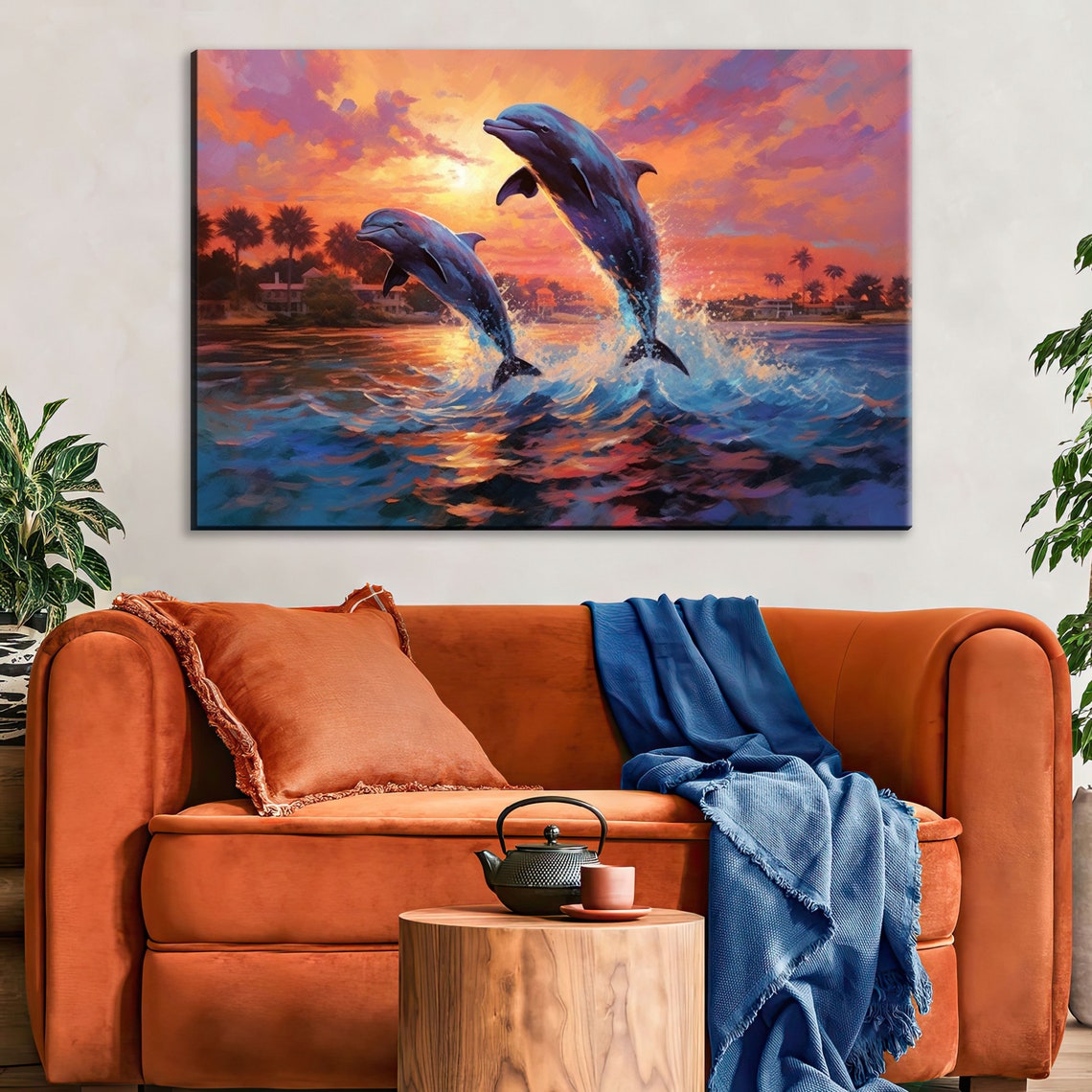 Playful Two Dolphins Leaping Sunset Ocean Palm Coastline Art Poster - Image 2