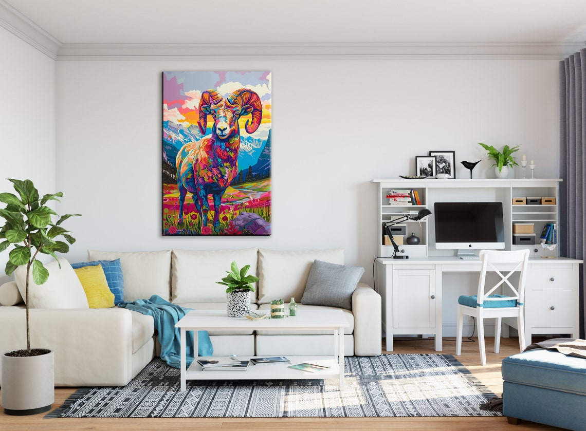 Rainbow Bighorn Ram Pop Art Sunset Meadow Vibrant Wildlife Poster - Image 3