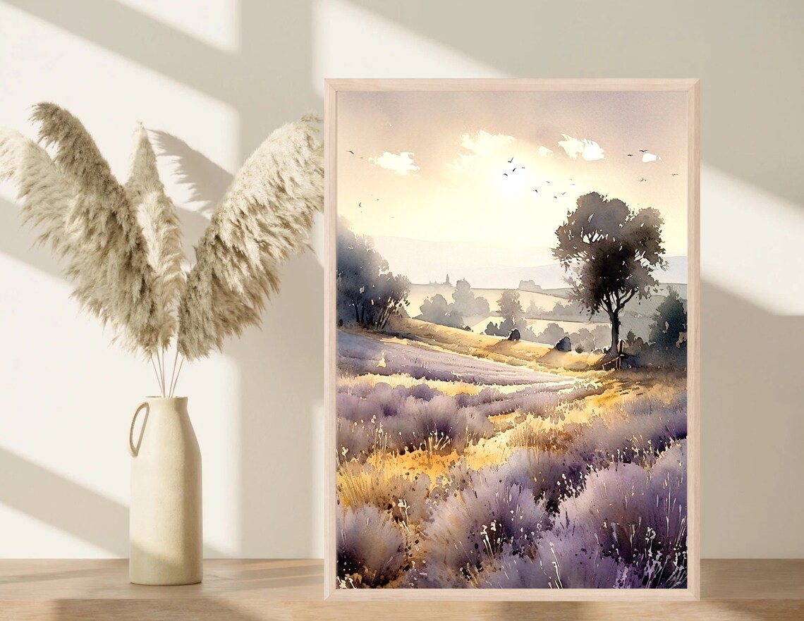 Lavender Meadow Morning Birds Watercolor Nature Art Scene Poster - Image 2