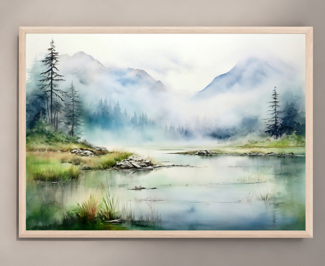 Misty Mountain Lake Pines Watercolor Nature Landscape Poster - Image 5