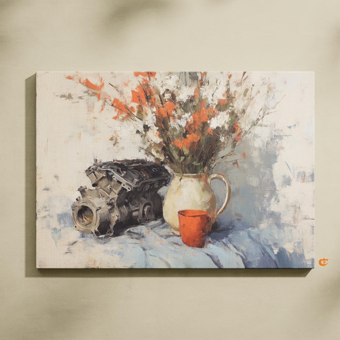 Moody Floral Still Life Engine Block Pitcher Flowers Quirky Art Poster