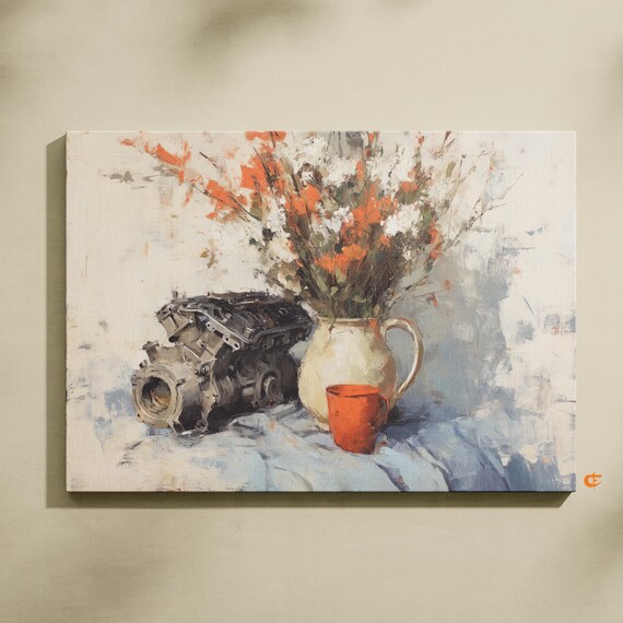 Moody Floral Still Life Engine Block Pitcher Flowers Quirky Art Poster