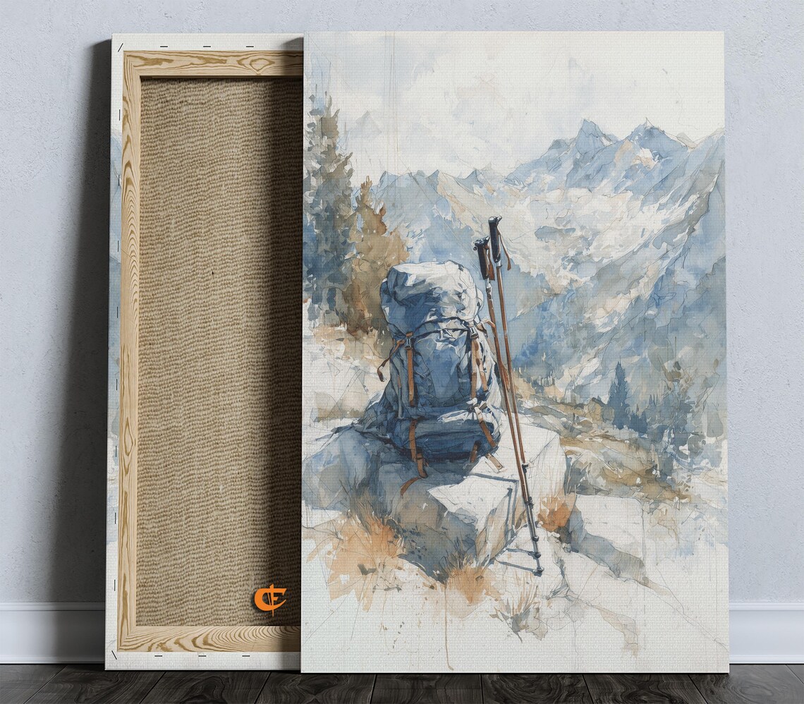 Snowy Mountain Backpack with Trekking Poles on Rock Watercolor Print
