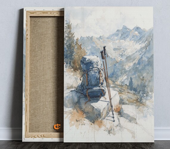 Snowy Mountain Backpack with Trekking Poles on Rock Watercolor Print